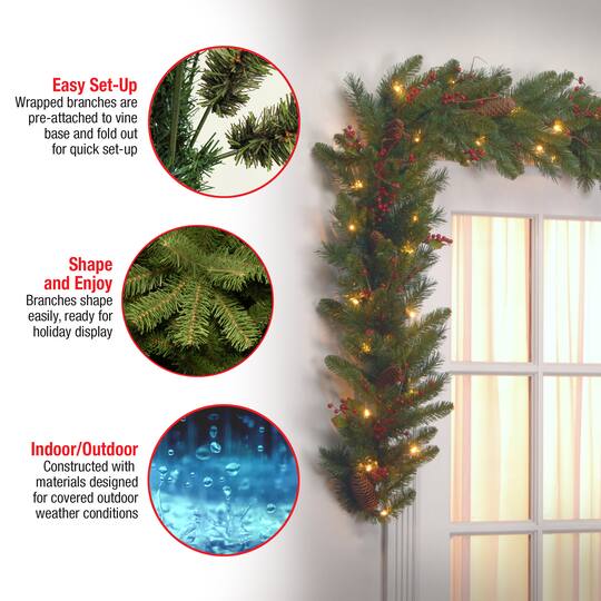 9' x 10" Pre-lit Classical Collection Artificial Christmas Garland with Red Berries, Cones, Holly Leaves and 50 Clear Lights